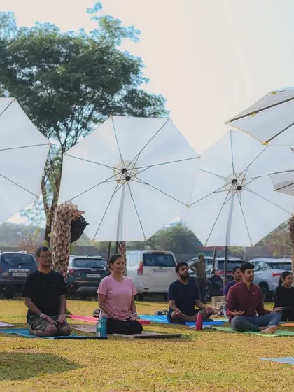 A wide view of our puppy yoga class in session, with large umbrellas providing shade for a comfortable practice.