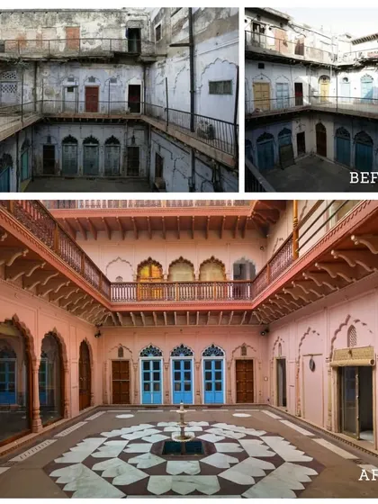A comparison of the central courtyard, showing its evolution from a dilapidated area to a pristine space with a new water fountain and octagonal flooring, restoring its function as the haveli's core.