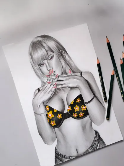 A mixed-media piece of Kitagawa from 'My Dress-Up Darling'. I combined a realistic graphite portrait with pops of color in her nails and the floral pattern on her bra for a unique look.
