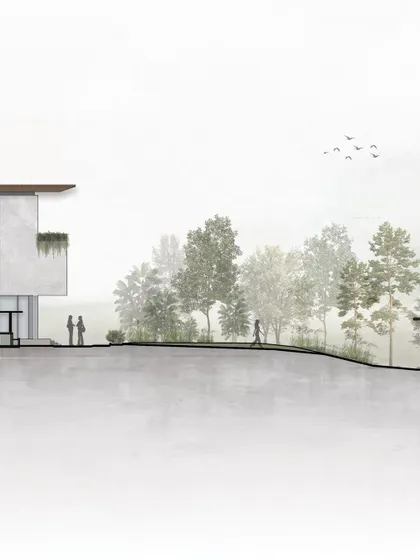 This sectional drawing illustrates the concept for an Alibaug estate, which included two dilapidated structures and a temple. The design works with the existing contours and trees to create a microclimate, blending old and new in a fluid architectural language.