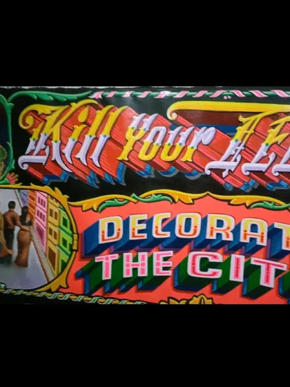 A custom piece for a client in the USA, featuring the phrases "Kill Your TV" and "Decorate The City," along with figurative and spiritual elements.