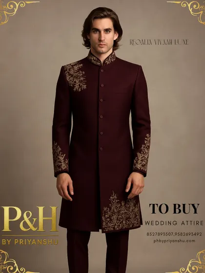 The full silhouette of the wine-colored Indo-Western suit, showing its elegant drape and tailored fit. It is paired with matching trousers for a complete, cohesive look.