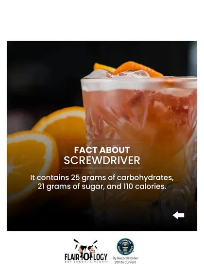 Some nutritional facts about the Screwdriver cocktail. It's good to know what's in your drink, and we provide these details for the curious consumer.