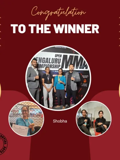 We are immensely proud of our female fighters. Here, our student Shobha stands on the winner's podium after securing a medal at the Open Bengaluru MMA Championship. Our women's boxing and combat sports programs are designed to build confidence, strength, and self-defense skills.