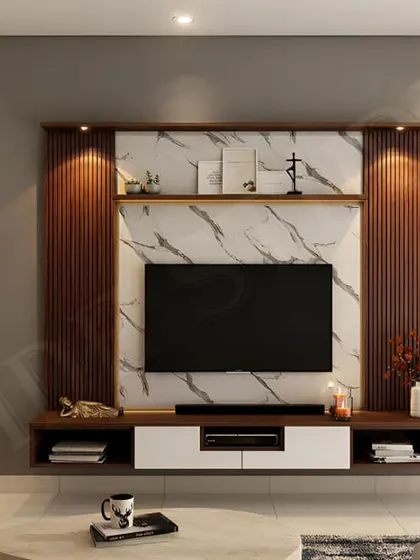 I love the contrast in this design. The dark fluted wood panels frame a bright white marble center, creating a look that is both dramatic and elegant. The floating console keeps it modern and light.