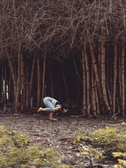 Another Bakasana, this time in a bamboo grove. This pose reminds us that our wings already exist; all we have to do is find the courage to fly.