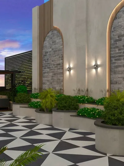 The same Kirti Nagar concept, with a dramatic sunset sky adding to the mood.