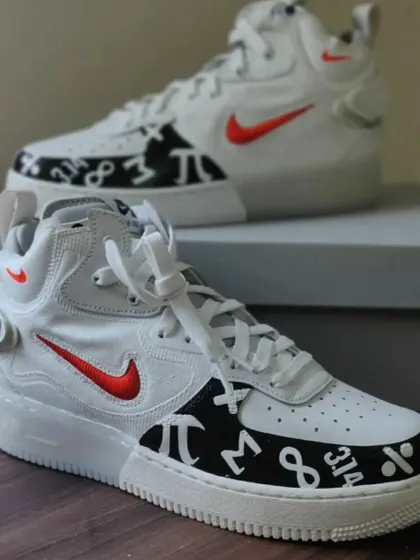 A unique pair for a math lover, featuring Pi and other mathematical symbols on a pair of Nike Air Force 1 Utilitys.