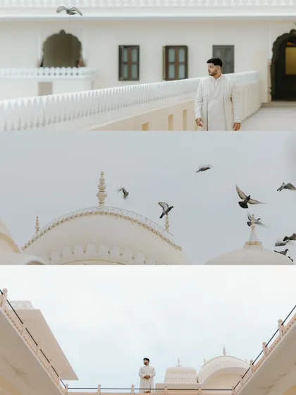 A collage of the groom in a majestic palace setting. The shots with pigeons in flight add a dynamic and artistic element to his solo portraits.
