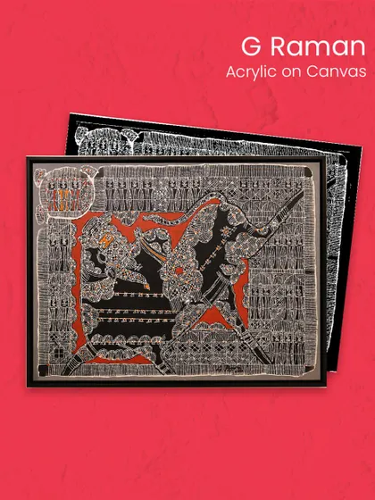 An acrylic on canvas by G. Raman, featured in our Tamil Nadu artist showcase, which highlights the region's unique visual language.