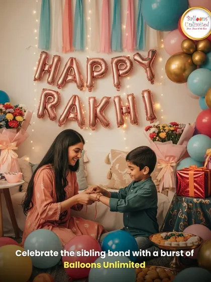 Celebrate the special bond between siblings this Raksha Bandhan. We created this cozy and festive setup with "Happy Rakhi" foil balloons and a colorful arrangement, perfect for capturing beautiful family moments.