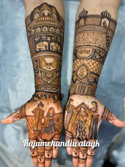 This design tells a story across both hands, with the bride on one palm and the groom on the other. The arms are filled with traditional symbols, creating a balanced and beautiful look.
