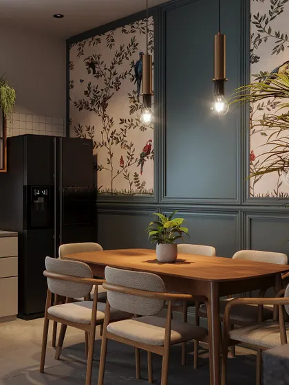 This view shows the dining area in relation to the adjacent kitchen space, highlighting the open yet distinct layout.
