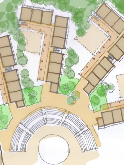 An early site plan sketch for the academic block at Vellore International School, organized around a central amphitheater.