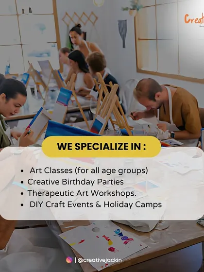 A graphic listing my specializations, including art classes for all ages, creative birthday parties, therapeutic workshops, and holiday camps.