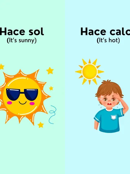 More Spanish weather phrases. Learn 'Hace sol' (It's sunny) and 'Hace calor' (It's hot) to describe a beautiful day.