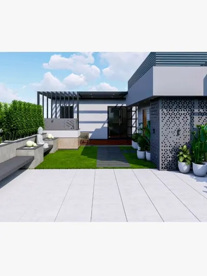 A 3D render of a spacious terrace with a long bench, greenery, and a covered seating area.