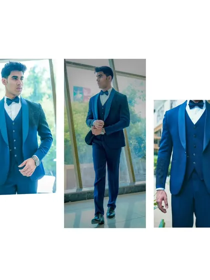 A video showing a model walking in our simple yet elegant navy blue tuxedo. The fit and movement show the quality of our tailoring.