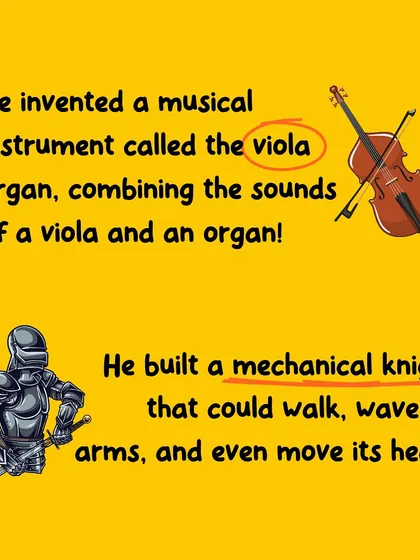 A duplicate image celebrating Leonardo da Vinci's diverse inventions, from musical instruments to early robotics.