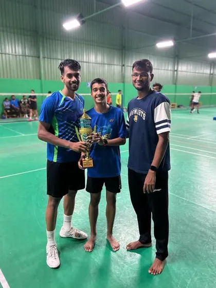 Congratulations to Aditya for winning the men's singles title at the Crown badminton tournament. Pictured here with fellow senior players.