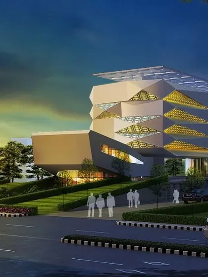 This 3D render shows our design for a modern corporate building. The landscape includes green slopes and trees that integrate the building with its natural surroundings.