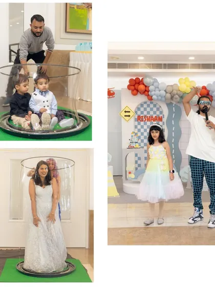 A collage of fun moments, including a giant bubble activity and a magic show, keeping guests of all ages entertained.