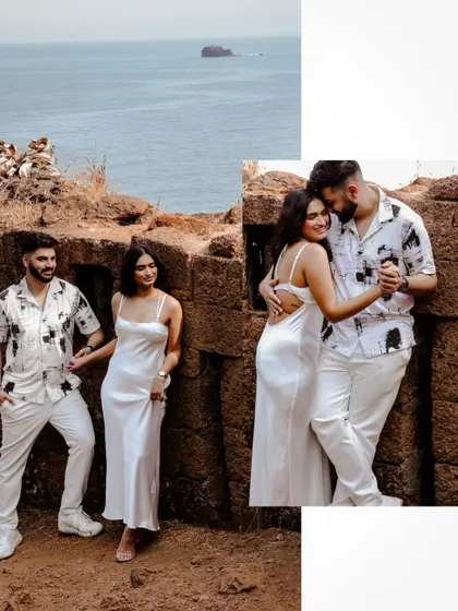 A collage showing different angles of a pre-wedding shoot at a Goan fort.