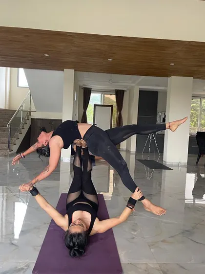 With my favorite vegan yogini in the frame. A beautiful Acro Yoga pose during a yoga retreat, surrounded by nature and good company.