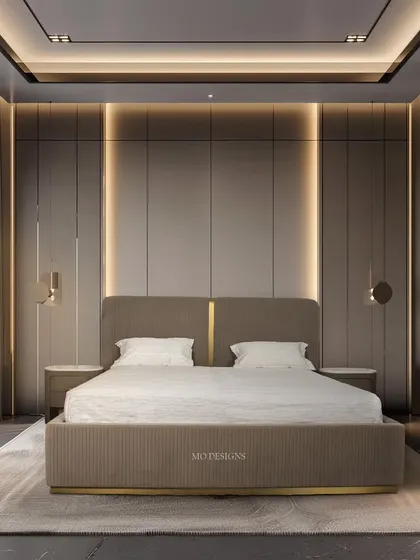 We designed the Greco bed to be a masterpiece of modern luxury. The headboard is meticulously upholstered in leatherette with baguette stitching and a central brushed gold stainless steel detail. This piece is designed to be the focal point of a bedroom, creating a cohesive and sophisticated aesthetic that feels like a luxury suite.