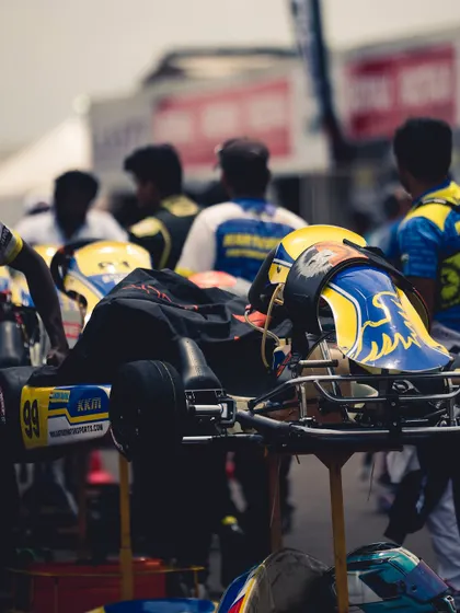A close-up of our karts lined up in the paddock.