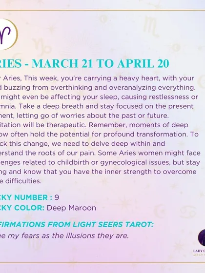 A weekly tarot prediction for Aries. This reading suggests you are carrying a heavy heart and overthinking. It's a call to take a deep breath, focus on the present moment, and let go of worries to allow for profound transformation.