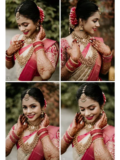 A collage of four beautiful bridal portraits, showcasing different expressions and angles.