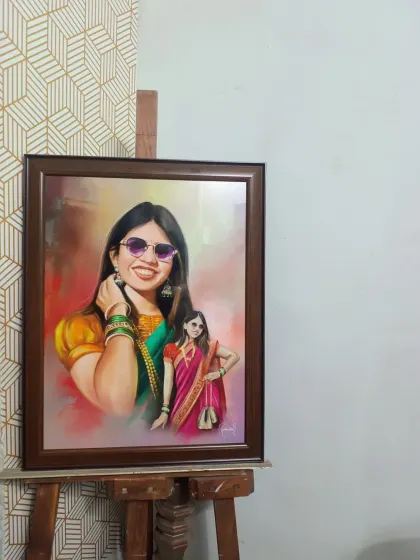 Another view of the framed portrait, displayed on a traditional wooden easel. This shows how a digital painting can have the same presence and elegance as a traditional canvas painting.