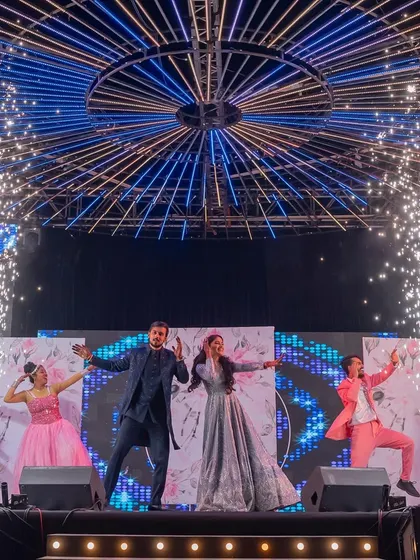 The couple's Sangeet performance culminates in a blast of cold pyros, creating a high-impact, celebratory moment.