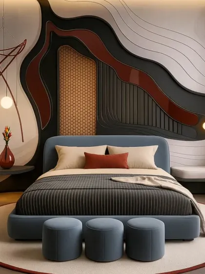 Abstract art takes center stage in this bedroom, with a multi-layered, sculptural headboard wall. The bold shapes and colors create a dynamic and energetic feel, balanced by simple, contemporary furniture.