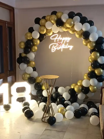 A wide shot of the complete 18th birthday decoration.