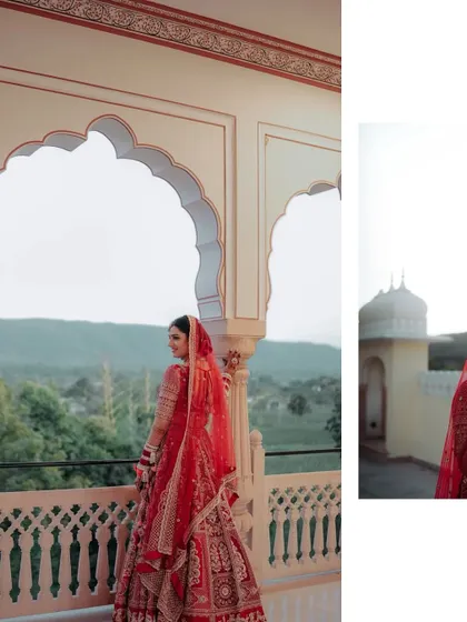 A portrait of the bride looking out from a balcony, the mountains in the background adding a sense of grandeur and destination to her bridal look.
