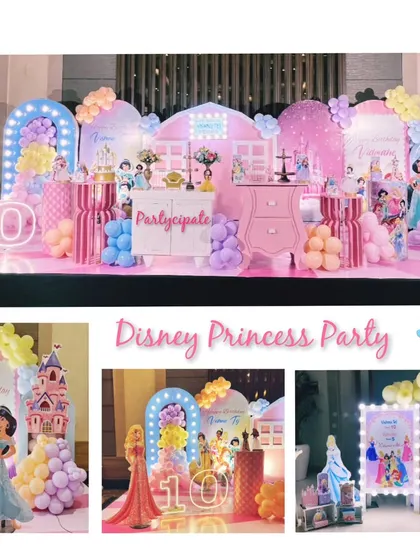A collage of a Disney Princess party. The setup includes a large stage with multiple princess cutouts, castle props, and light-up numbers for a joint birthday celebration.