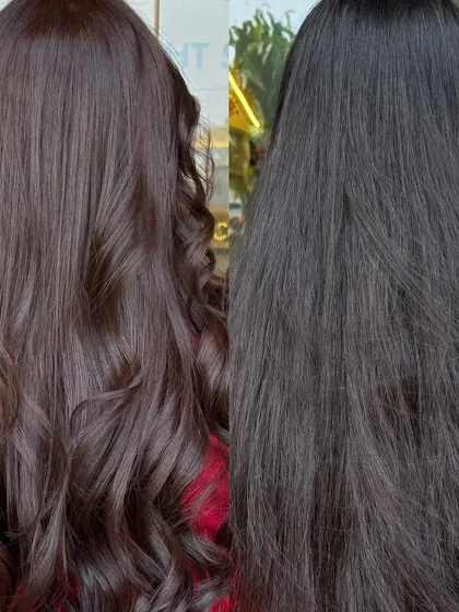 A side-by-side comparison showing the power of a good color and style. The hair on the left is transformed into the rich, wavy look on the right.