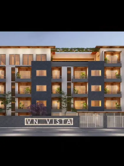 The proposed night-view elevation for VN Vista apartments. We believe luxury is found in the comfort of well-lit and well-ventilated homes, and the lighting design here highlights the building's key architectural features.