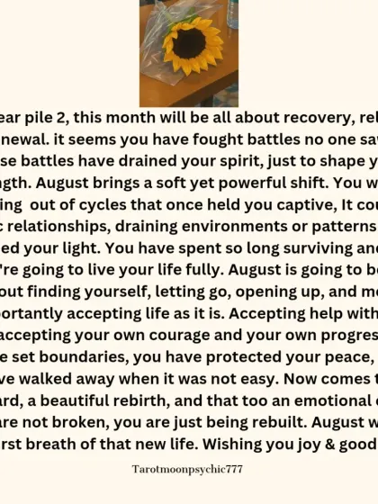 The message for Pile 2 of the August reading. This month is about recovery, release, and renewal. You are stepping out of draining cycles and into a beautiful emotional rebirth.