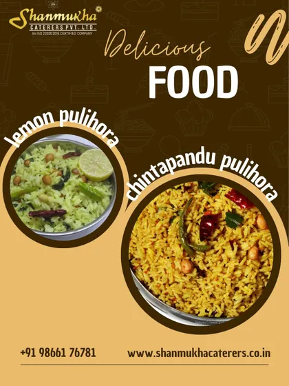 A taste of South India with our flavorful rice dishes. This image shows our tangy Chintapandu Pulihora (tamarind rice) and zesty Lemon Pulihora.