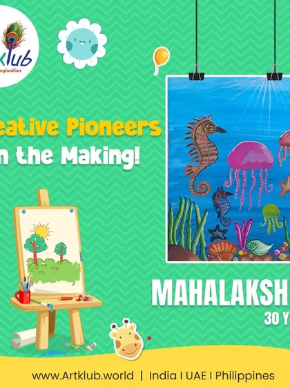 This detailed underwater scene, featuring a seahorse and jellyfish, was created by our adult student Mahalakshmi, age 30, showing that anyone can be a creative pioneer.