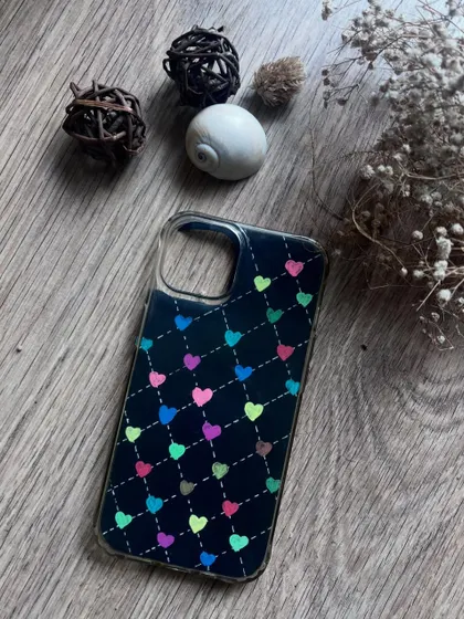 The completed colorful hearts phone case.