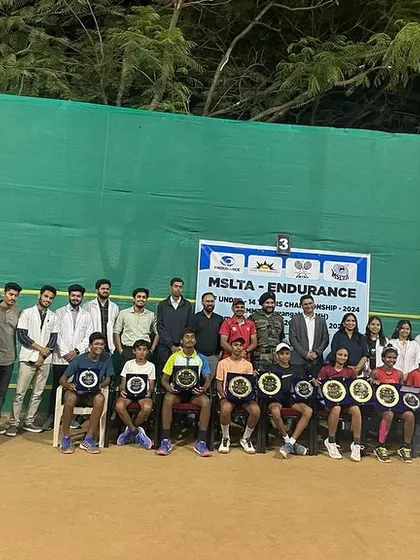 The prize distribution ceremony at the Asian Tennis Tour, where our players, including doubles champion Ishaan Yadlapalli, are seen with our dedicated physio team who travel with them for major events.