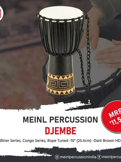 The Meinl Headliner Series Djembe. This rope-tuned djembe provides authentic African tones with a hand-selected goat skin head and a beautifully carved shell.