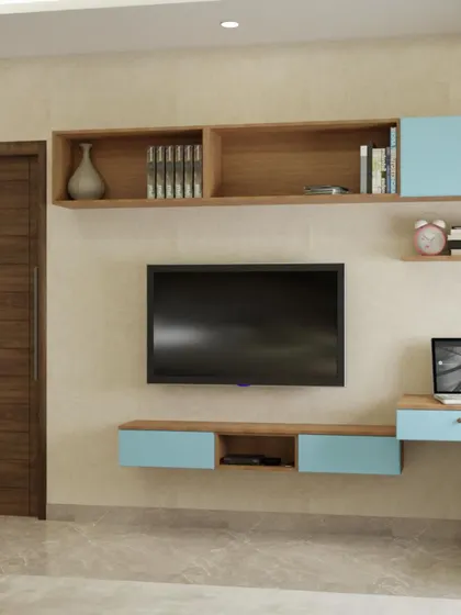 This bedroom design combines a light blue TV console and shelving with warm wood tones. It's a functional and stylish setup that provides storage, a workspace, and a media center all in one.