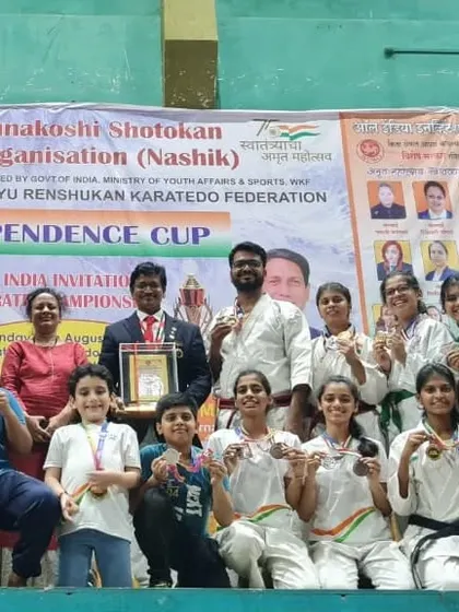 The UBKA team celebrating a massive victory at the Independence Cup in Nashik, 2022. With a 90% winning record, our students brought home a total of 43 medals, including 16 golds.