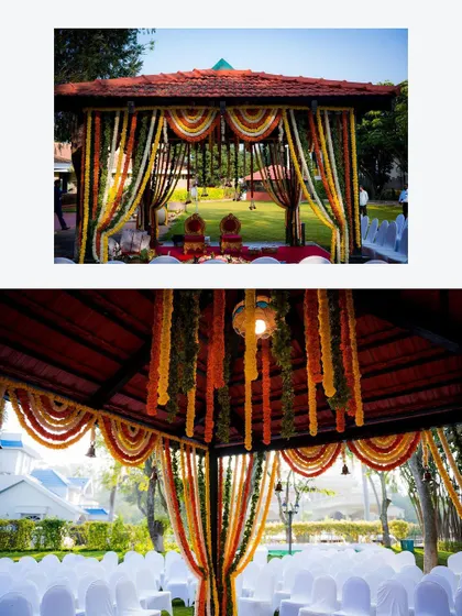 A collage showing the beautifully decorated outdoor mandap and the general setup for the wedding ceremony.