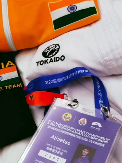 My official gear for the Asian Senior Karate Championship. The India tracksuit, the Tokaido gi, and the athlete accreditation are symbols of the hard work it took to get here.